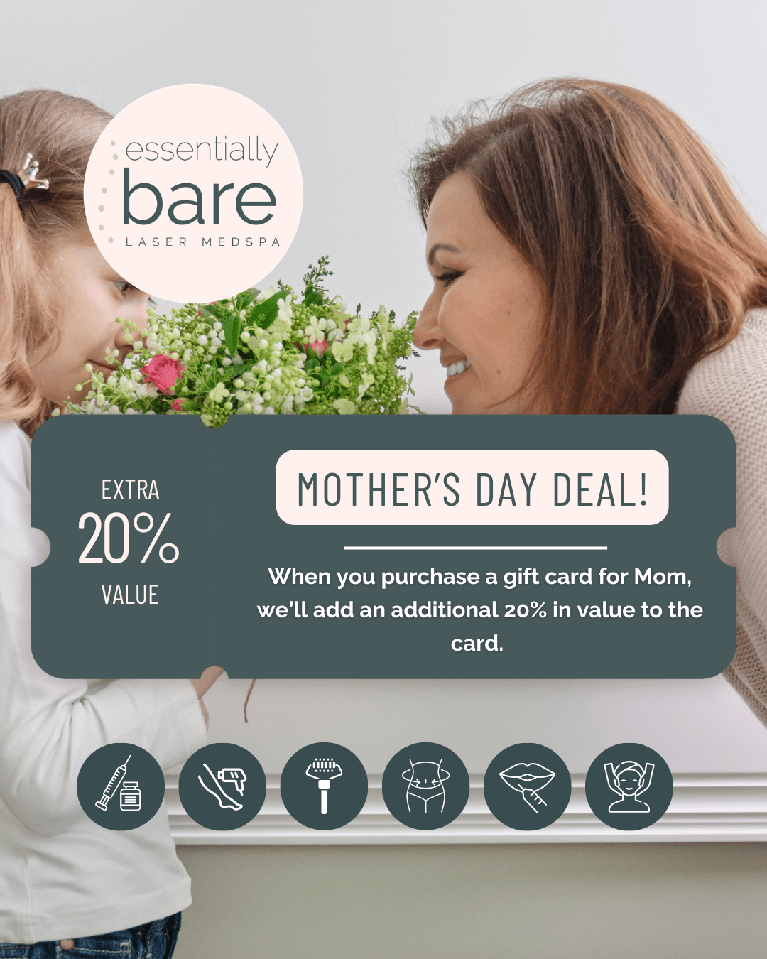Mother’s Day promo banner for Essentially Bare Laser Med Spa, featuring a mother and daughter with flowers and the logo, promoting a deal.
